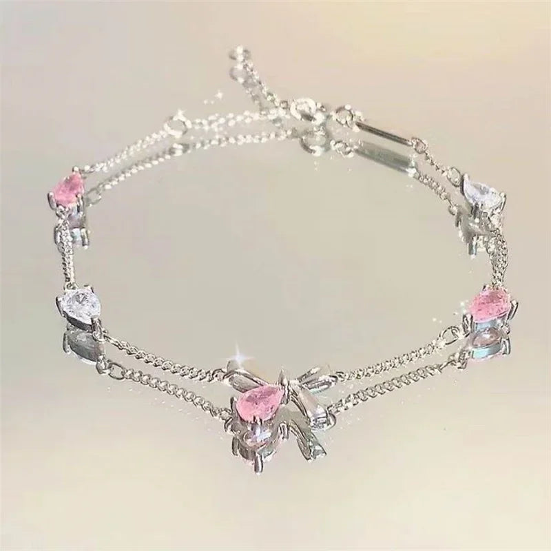 Shiny Pink Crystal Cherry Blossom Bracelets -