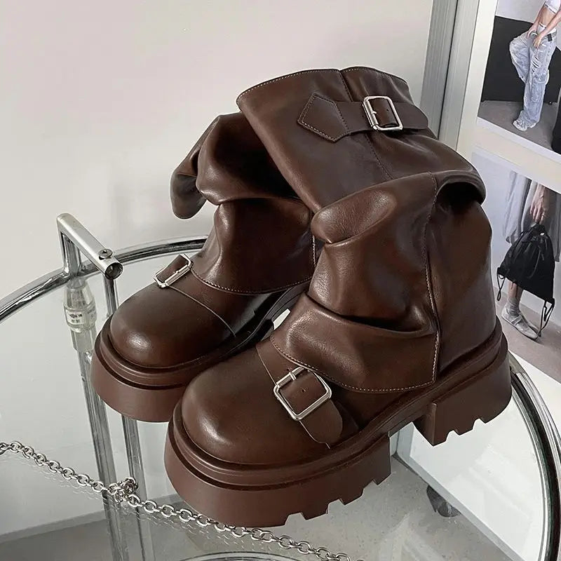 Shoes for Women 2024 Mid-Calf Women's Boots Platform Modern Boots Women Belt Buckle Square Toe Side Zip Square Heel Shoes Female -