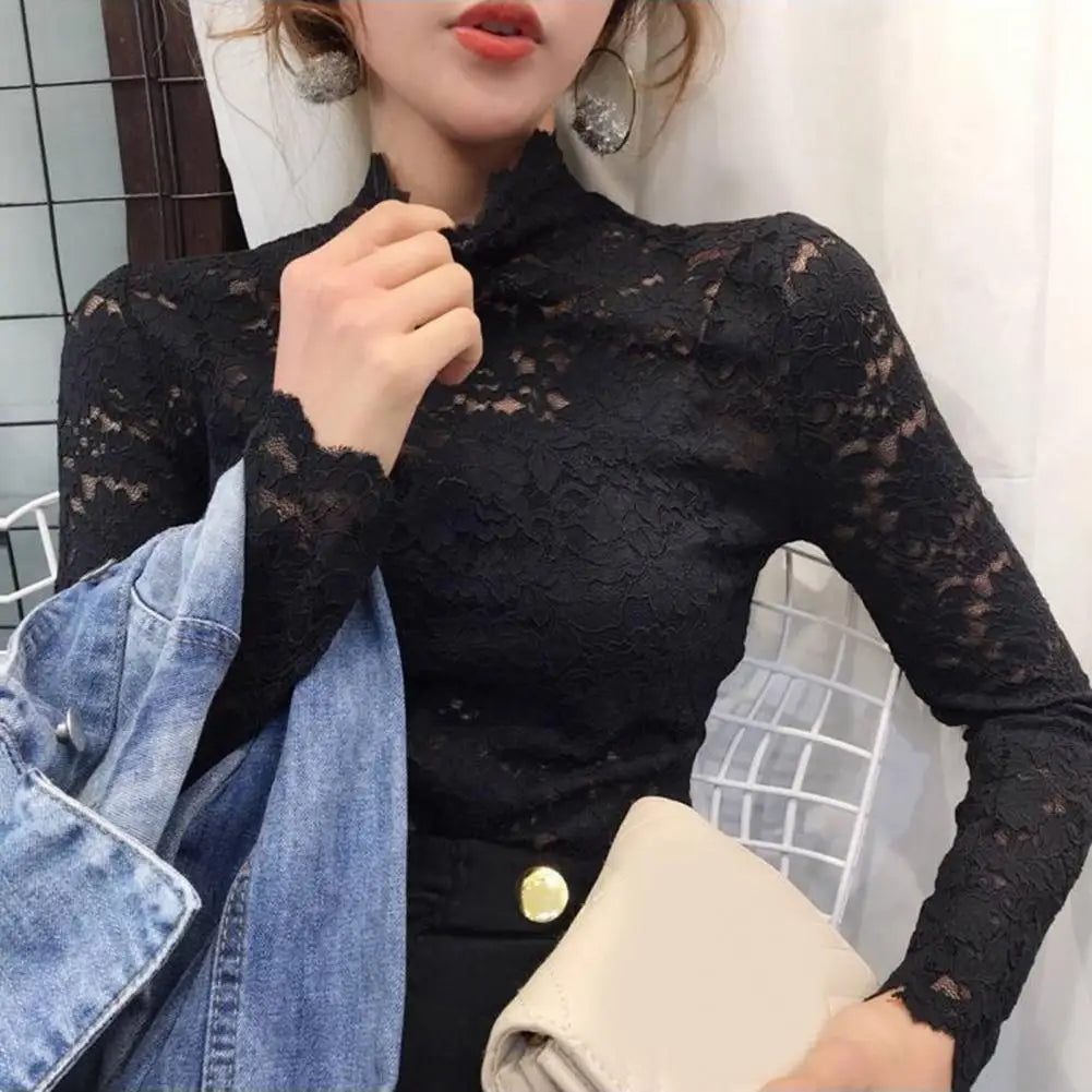 Achieve an elegant and feminine look with this long sleeve lace crochet top. The see-through design adds a touch of allure and sophistication to your outfit. -