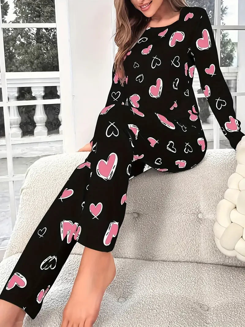 Heart Print Ribbed Frill Trim Pajama Set for Women Sleepwear Knitted Round-Neck Loose Tops Elastic Long Pants Loungewear -