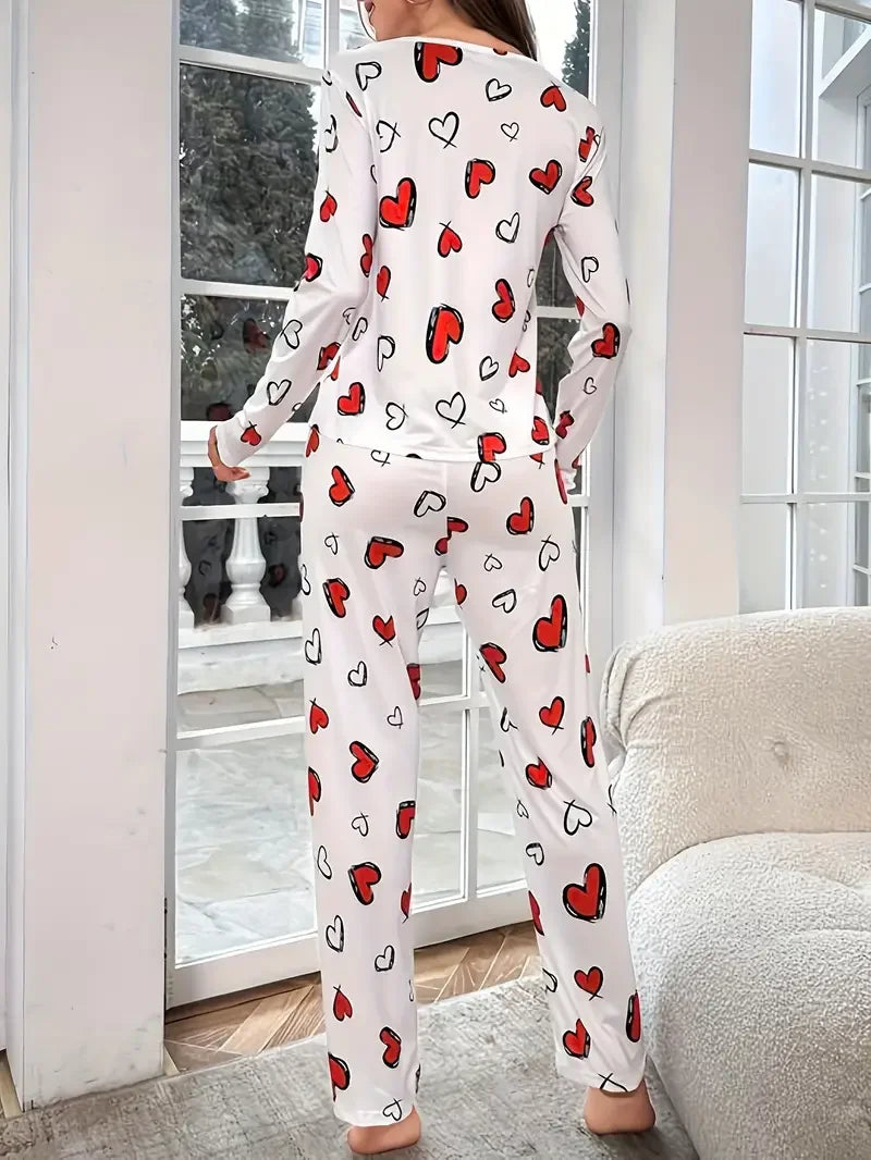 Heart Print Ribbed Frill Trim Pajama Set for Women Sleepwear Knitted Round-Neck Loose Tops Elastic Long Pants Loungewear -