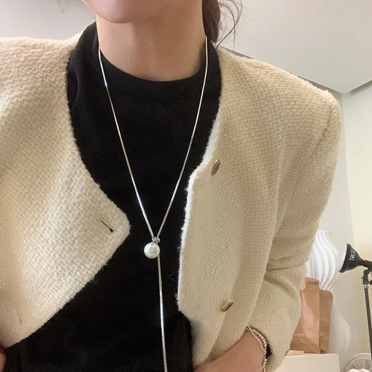 Women Long Necklace With Single Pearl -