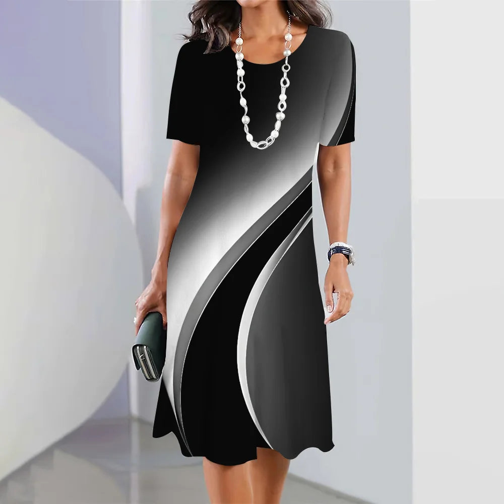 New Women's Dresses Striped Printed Elegant Casual O Neck Short Sleeve Summer Dresses Fashion Ladies Plus Size Clothing Vestidos -