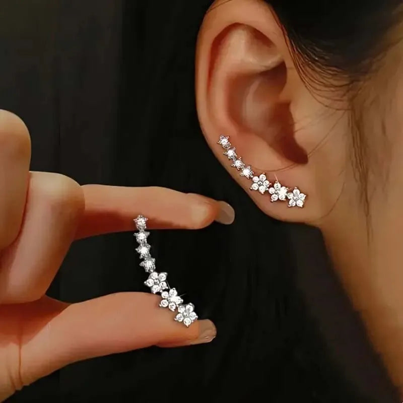 Silver Zircon Flower Star Stud Earrings for Women -