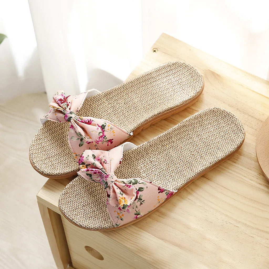 Ladies' Bohemian Style Bow Flower Linen Slippers Sandals Beach Shoes Home Shoes Beach Slippers Indoor Non Slip Shoes 2024 -