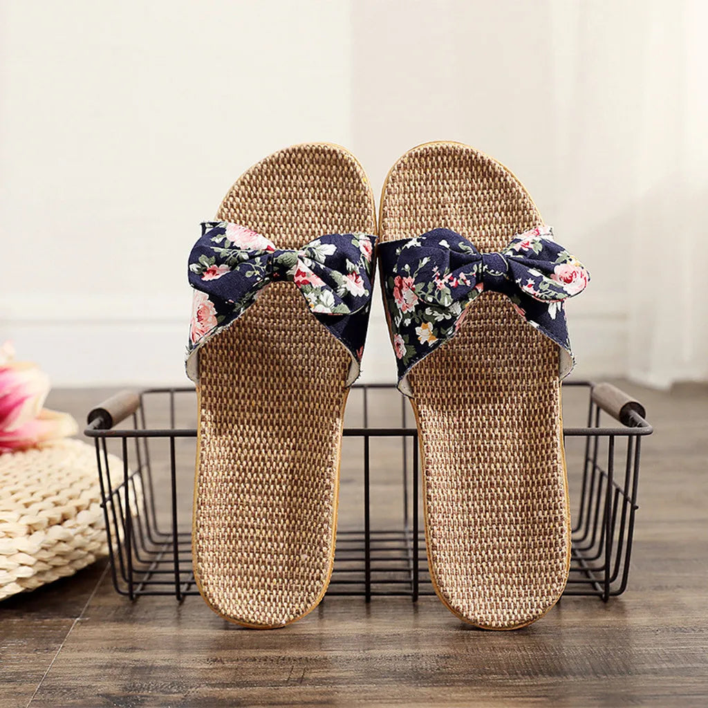 Ladies' Bohemian Style Bow Flower Linen Slippers Sandals Beach Shoes Home Shoes Beach Slippers Indoor Non Slip Shoes 2024 -