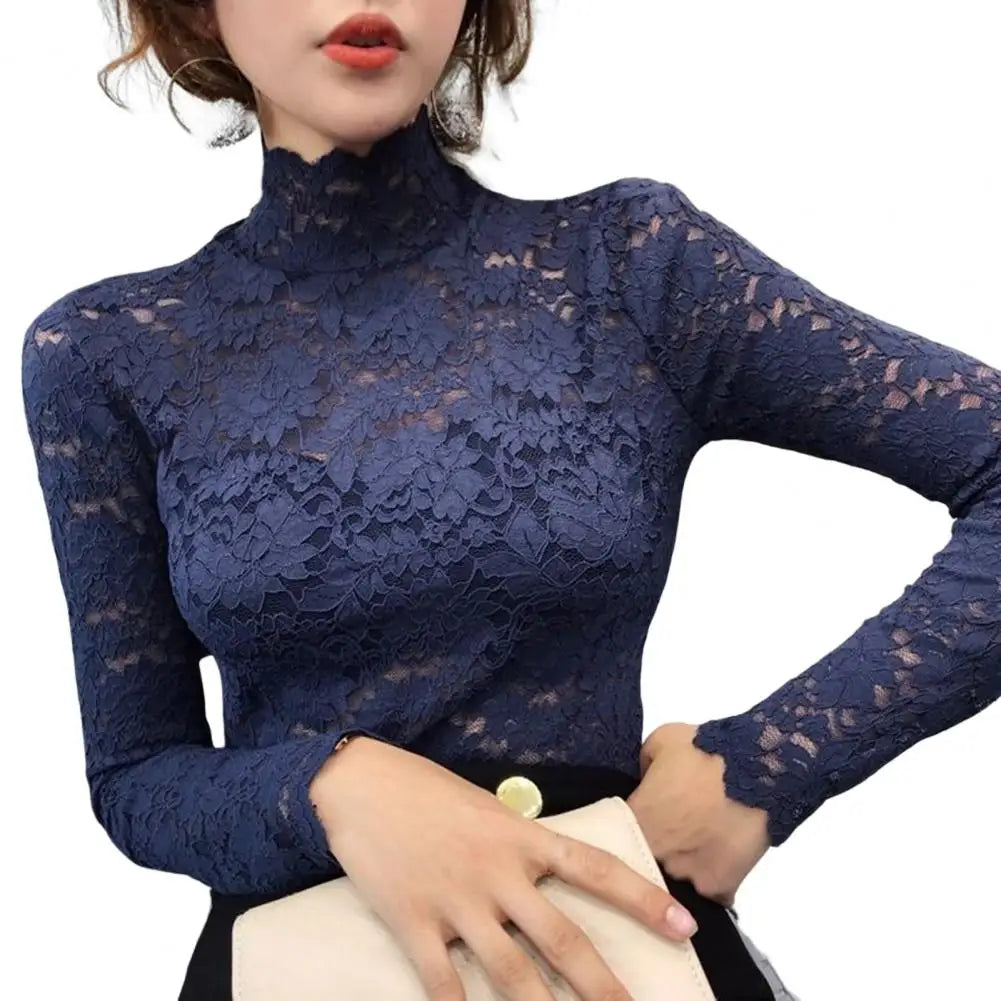 Achieve an elegant and feminine look with this long sleeve lace crochet top. The see-through design adds a touch of allure and sophistication to your outfit. -