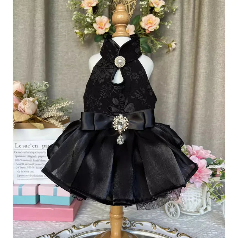 Handmade Pet Dog Clothes Flower Embroider Princess Skirts Fashion Elegant Black Evening Dress For Small Medium Dog Puppy Outfits -
