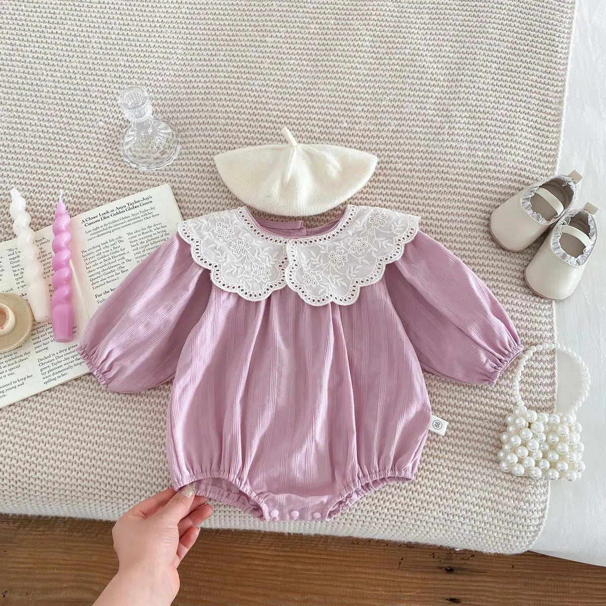 Dress your newborn in adorable style with this fashionable lace baby romper bodysuit—soft, comfy, and perfect for special moments! -