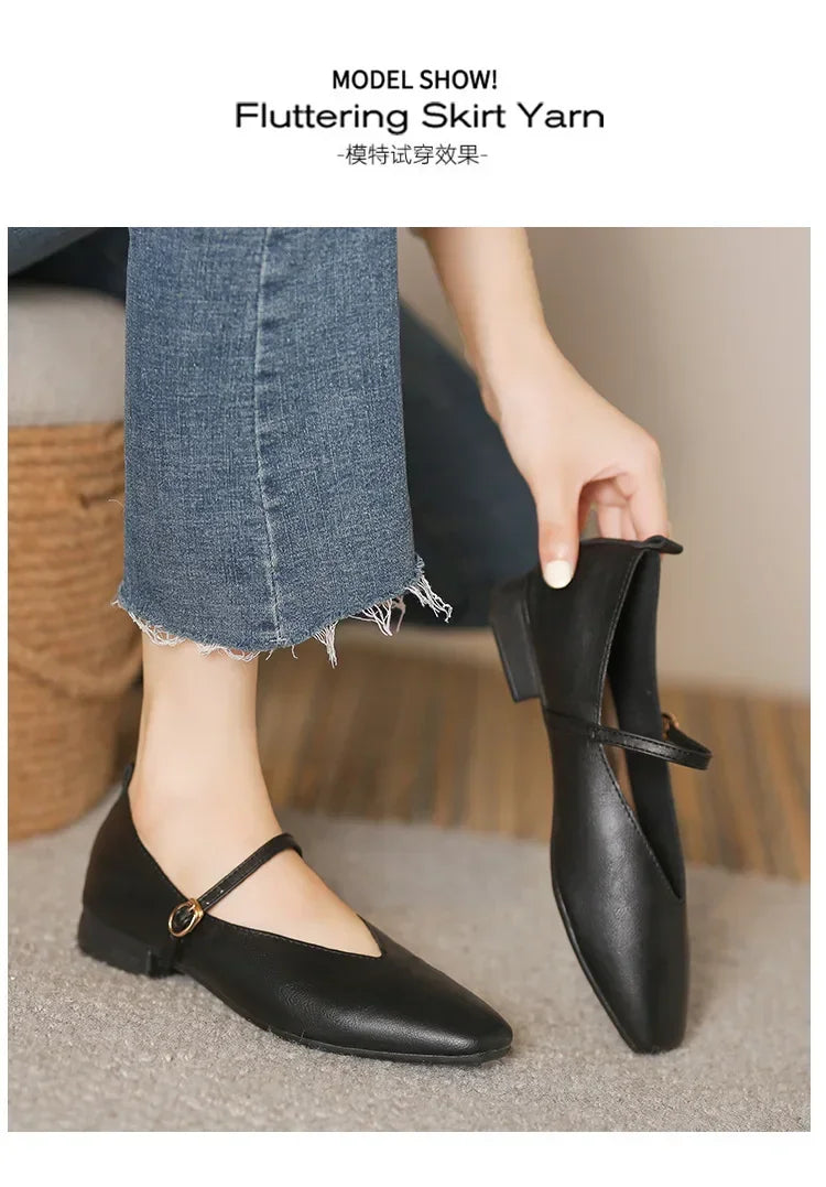 Woman Spring Casual Square Toe Low Soft Soled Shoes Lolita Ballerina Red Flats Female Elegant French Retro Buckle Mary Janes -