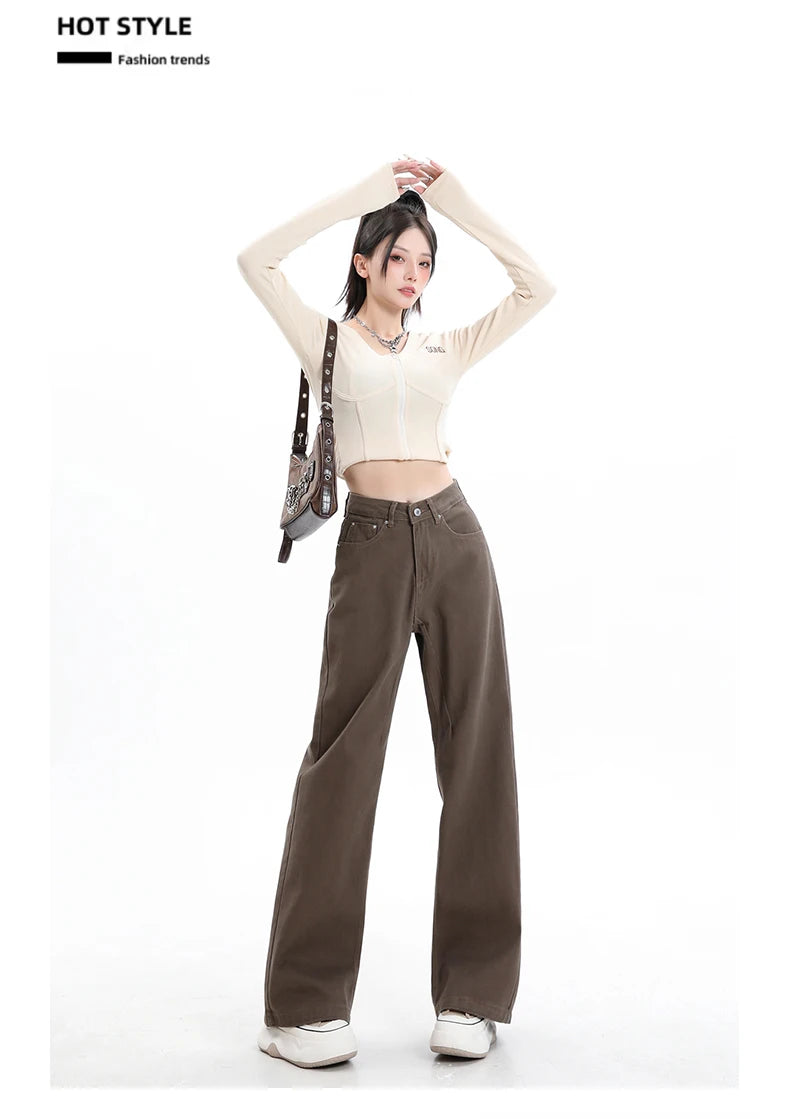 Rock the urban vibe with these baggy, high-street fashion, straight brown jeans for women! -