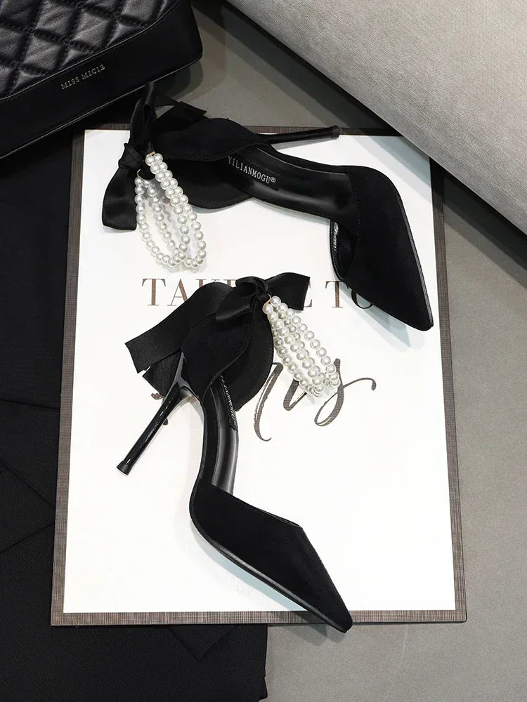 Shoes for Women 2023 Brand Spring Women's Pumps Pointed Toe Solid Flock Beads Bow Tie Buckle Shallow Mouth Novelty High Heels -