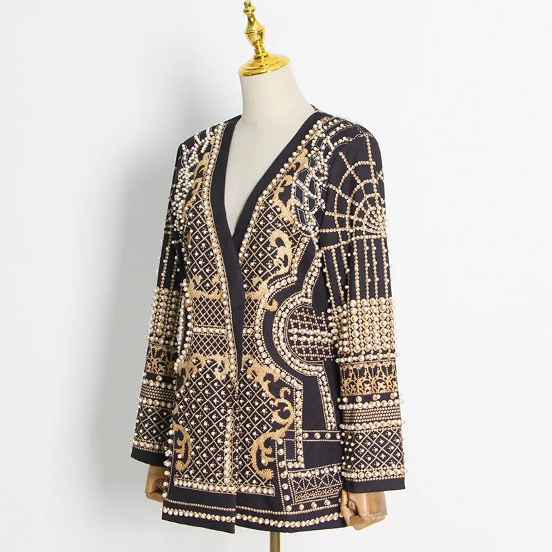 Turn heads with this mid-length slim fit blazer for women—featuring a sexy V-neck, full sleeves, regular tight waist, elegant pearl accents, and stylish splice detailing! -