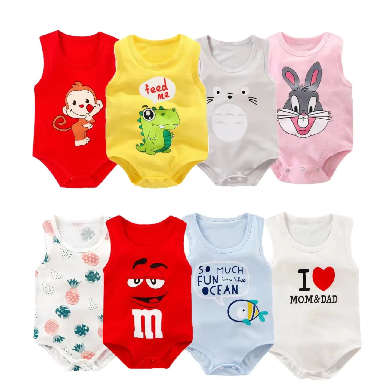 Keep your baby boy cool and comfy with this cotton sleeveles outfit featuring adorable cartoon bodysuit pajamas perfect for playtime and sleep! -