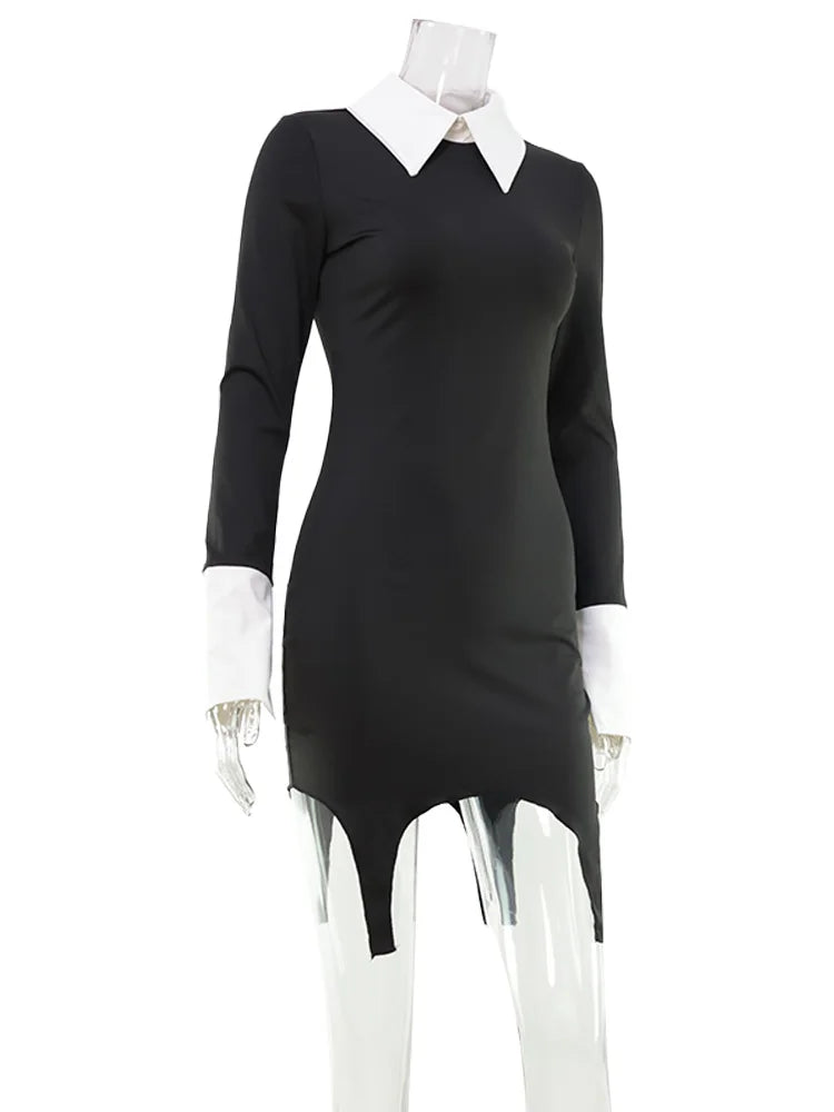 Turn-down Collar Solid Patchwork Long Sleeve Dress -