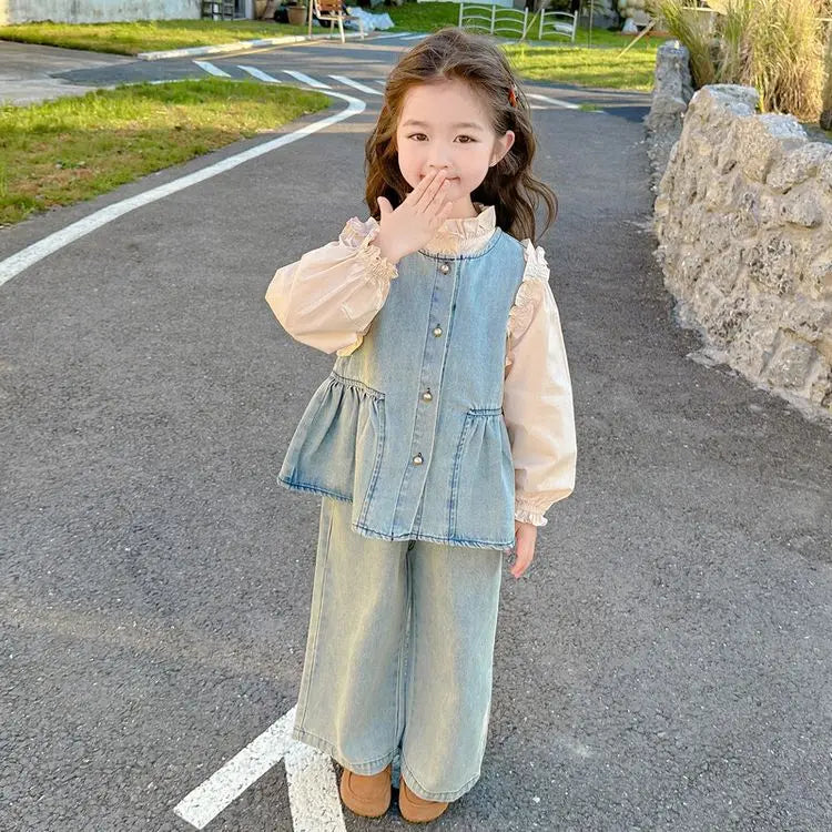 Children's Clothing Sets Girls Denim Vest + Long Sleeve Shirt + Wide Leg Pants Three-piece Suit Toddler Kids Boutique Clothes -