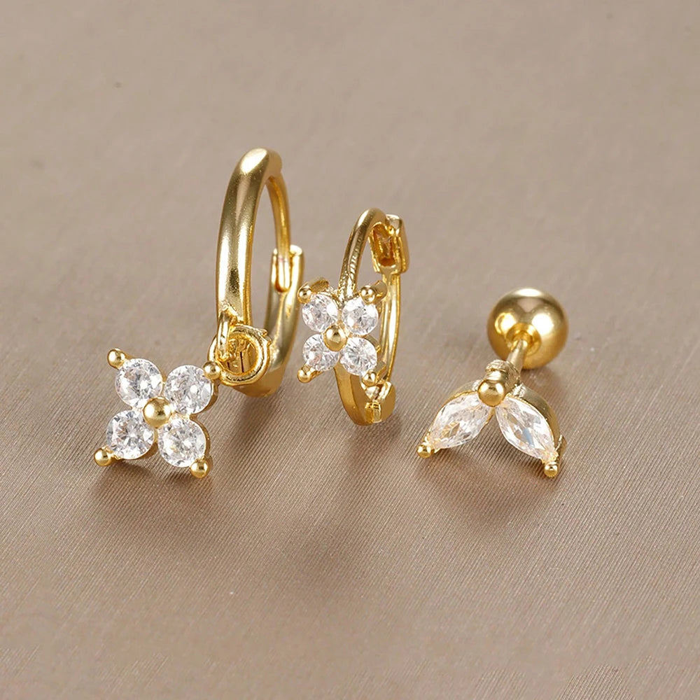 3PCS Stainless Steel Zircon Flower Earring Set for Women -