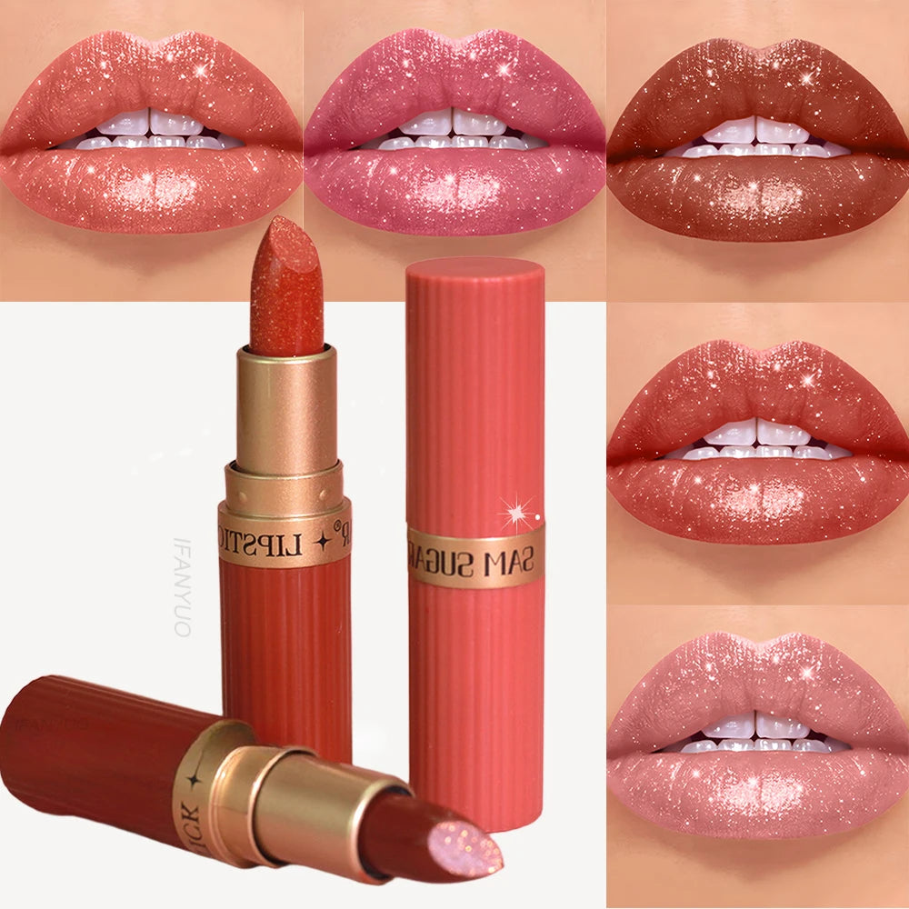 Chocolate Brown Luxurious Metallic Glitter Lipstick Long-Lasting Waterproof Non-Fade Shimmery Pearl Sparkling Lip Gloss Makeup -