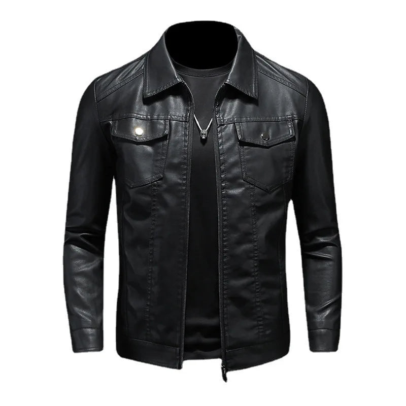Men's Motorcycle Leather Jacket Large Size Pocket Black Zipper Lapel Korean Slim Fit Male High Quality PU Leather Coat for Men -