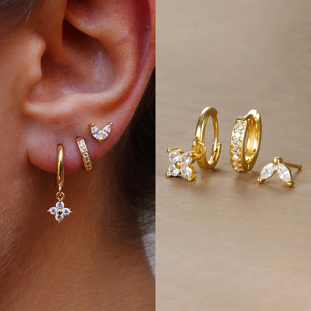 3PCS Trendy Stainless Steel Flower Drop Earring Set -