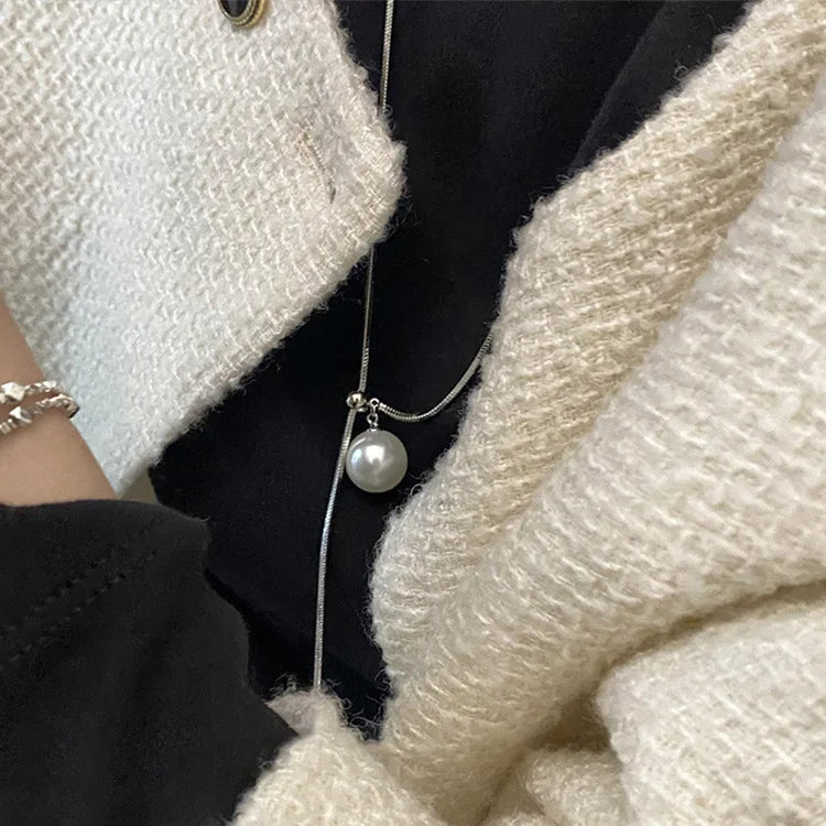 Women Long Necklace With Single Pearl -