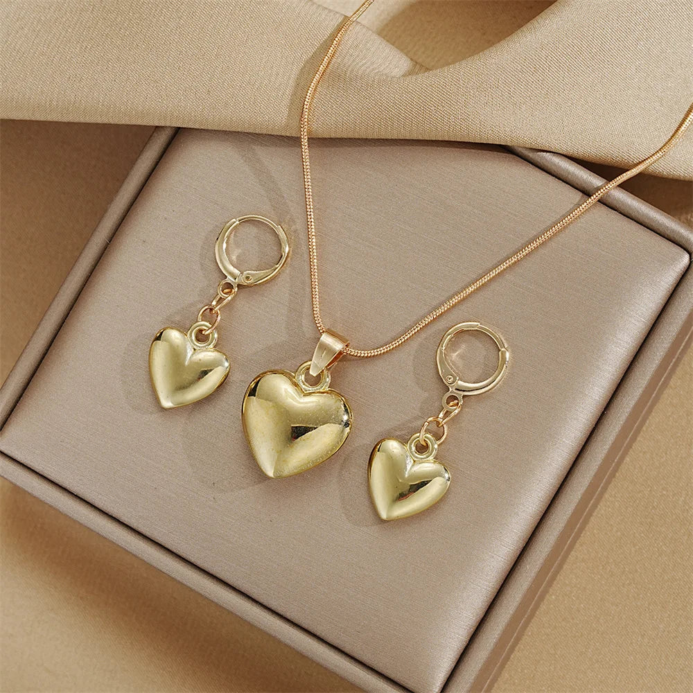Glossy Gold Plated Metal Love Heart Dangle Earrings Set -