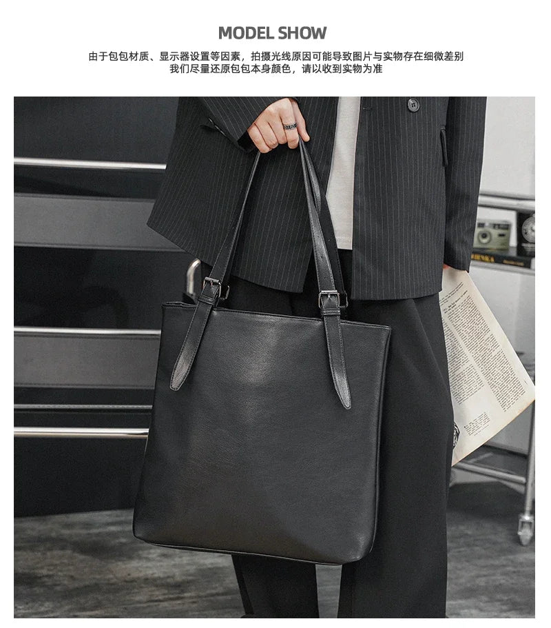 Soft Leather Tote Bag for Men Japanese Korea Style Business Casual Street Handbag Male Large Capacity Zipper Laptop Underam Bags -
