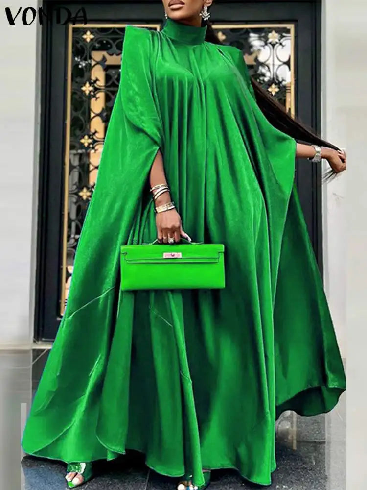 Plus Size 5XL VONDA 2023 Women Stand Collar Elegant Satin Dress Long Bat Sleeve Evening Pleated Maxi Sundress Casual Solid Robe -