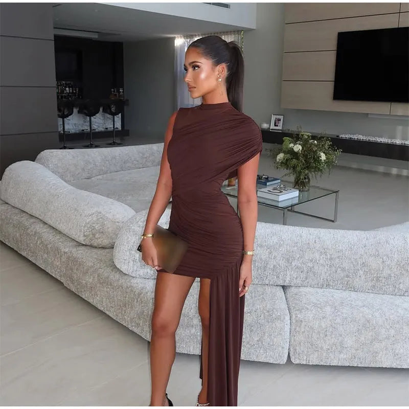 Elegant Women Pleated Irregular Patchwork Maxi Dress Chic Long Sleeve High Neack Dresses 2025 Summer Turtleneck Party Prom Gowns -
