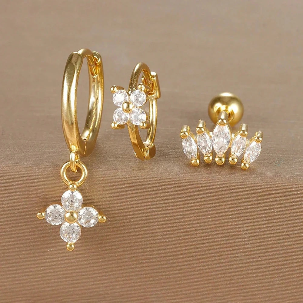 3PCS Stainless Steel Zircon Flower Earring Set for Women -