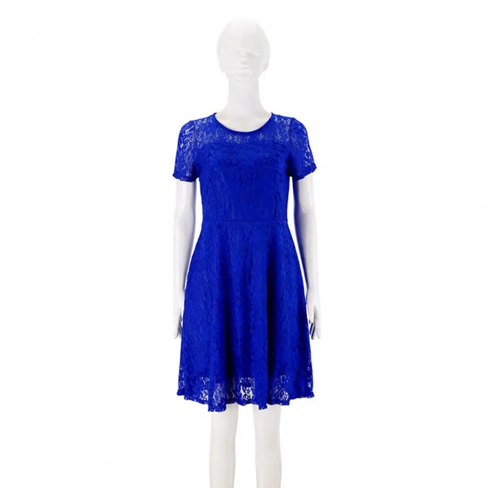 Make a chic statement with this elegant women's dress featuring an O-neck design, transparent lace, and hollow detail—a perfect choice for a sophisticated and stylish look. -