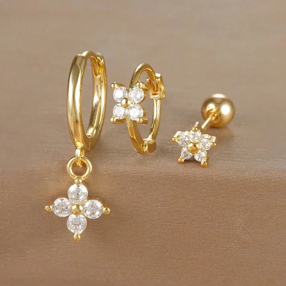 3PCS Stainless Steel Zircon Flower Earring Set for Women -