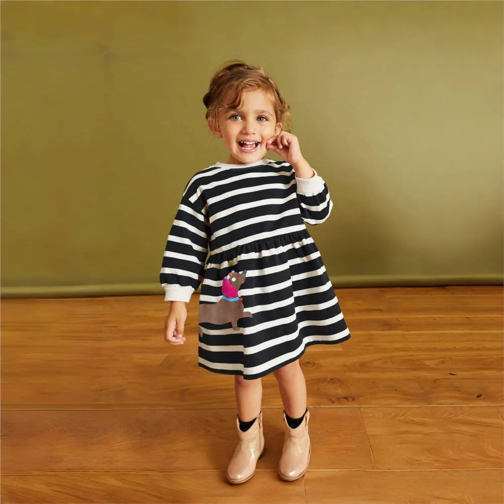 Kids Clothes Children's Clothing Baby Girls 2025 Autumn Spring Cotton Long Sleeves Striped Cartoon Dogs Dresses -