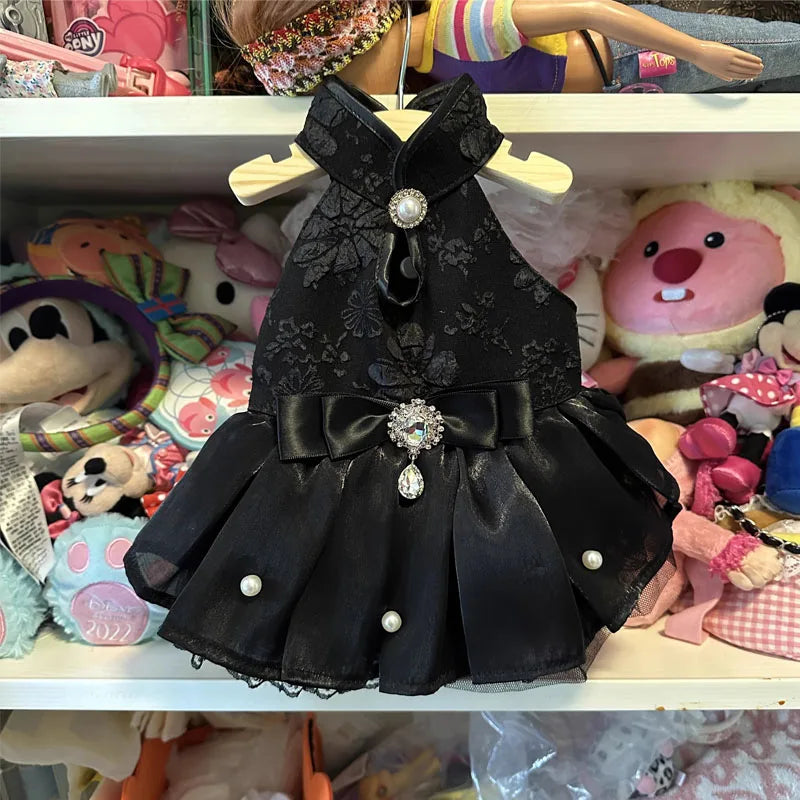Handmade Pet Dog Clothes Flower Embroider Princess Skirts Fashion Elegant Black Evening Dress For Small Medium Dog Puppy Outfits -