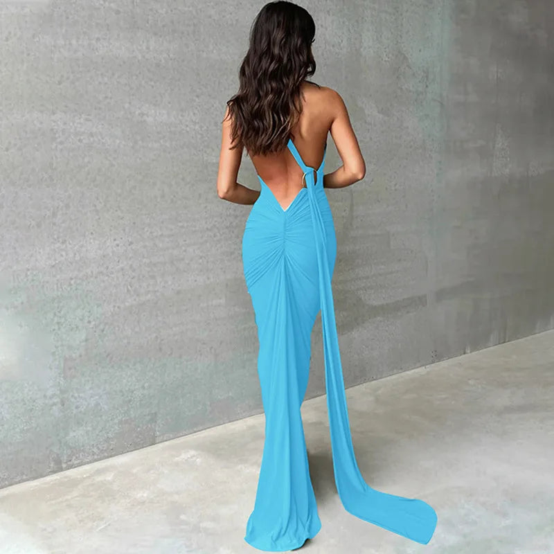 One Shoulder Sleeveless Backless Maxi Dress -