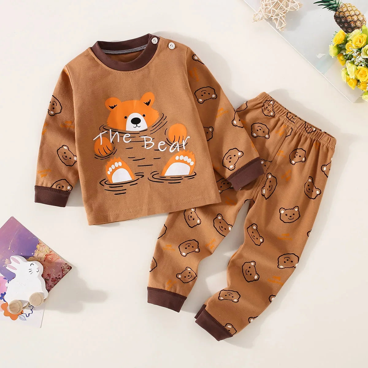 Toddler Boys Underwear Set Cotton Lettering And Bear Pattern Long Sleeve Top And Matching Pants Pajama Set -