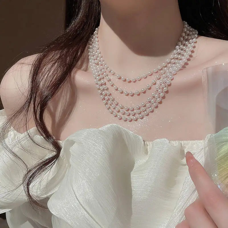 Multi-Layer Pearl Choker Necklace -