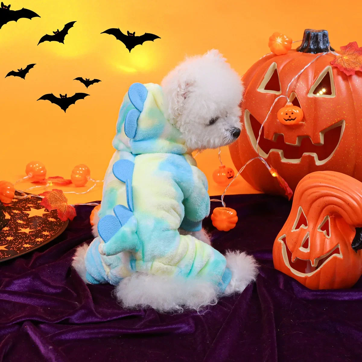 Dress your pet in adorable dinosaur-themed clothes to keep them warm and cozy. -