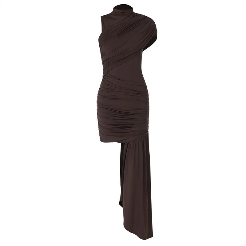 Elegant Women Pleated Irregular Patchwork Maxi Dress Chic Long Sleeve High Neack Dresses 2025 Summer Turtleneck Party Prom Gowns -