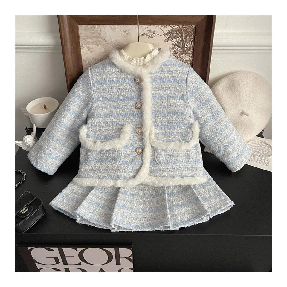 Children's Clothing Sets Tweed Scented Suit Fleece Coat + Pleated Skirt 2pcs Sets Baby Girl Clothes Kids Clothes 2 To 7 Years -
