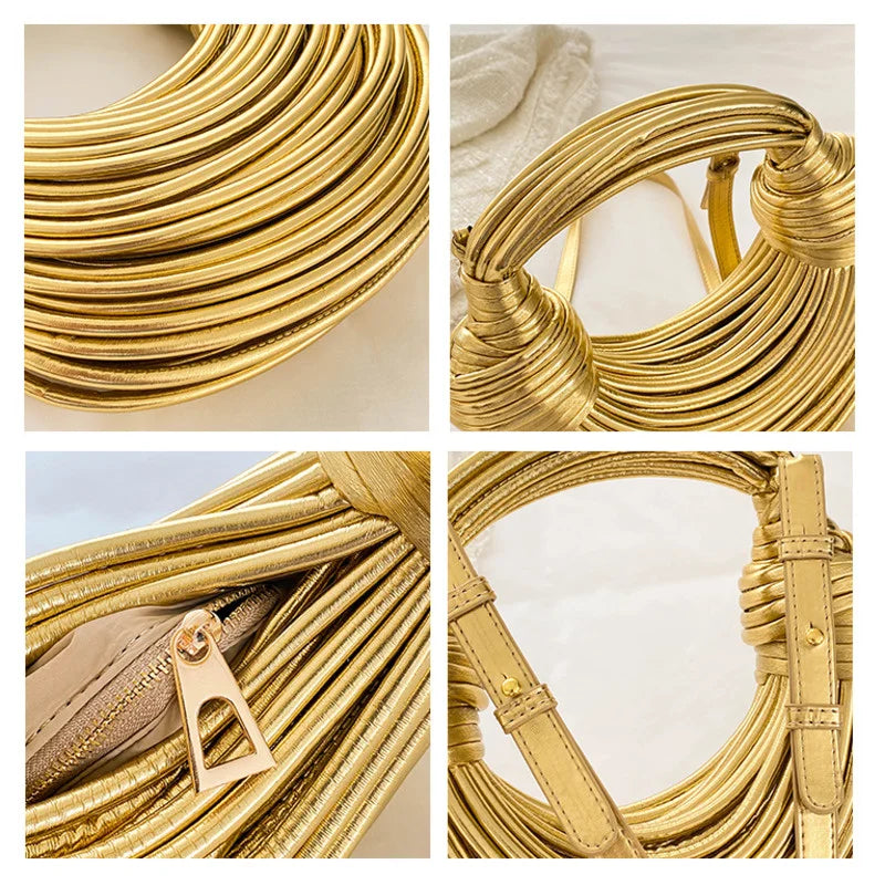 Make a statement with this gold luxury designer brand handwoven noodle bag. With a rope-knotted hobo design and a chic silver evening clutch, this bag is the epitome of high fashion and sophistication. -