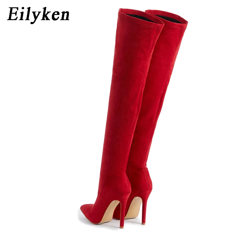 Eilyken Sexy Fashion Pointed Toe Over-The-Knee Boots Women Red Zipper High Heels Shoes Winter Striptease Motorcycle Long Botas -