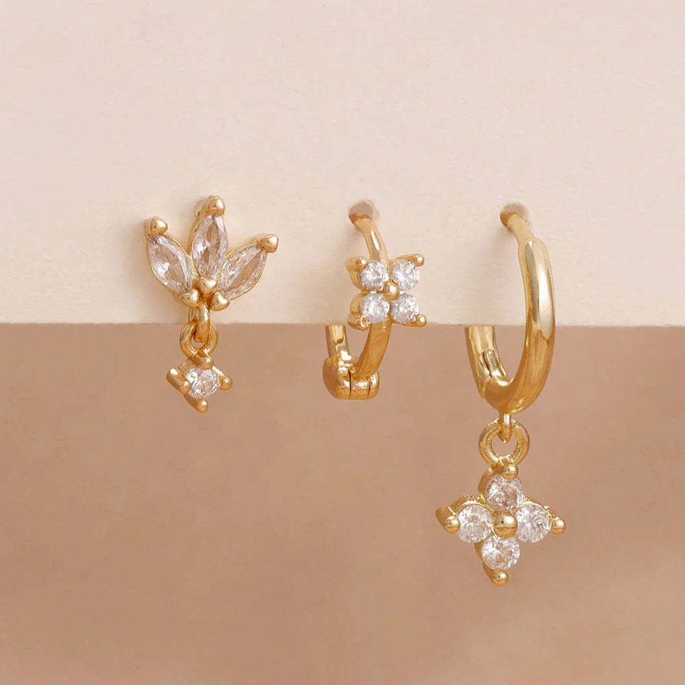3PCS Stainless Steel Zircon Flower Earring Set for Women -