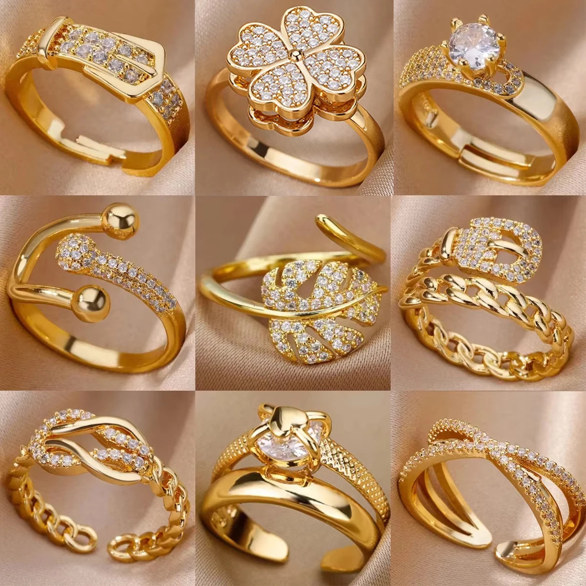 Gold Plated Stainless Steel Crystal Rings -
