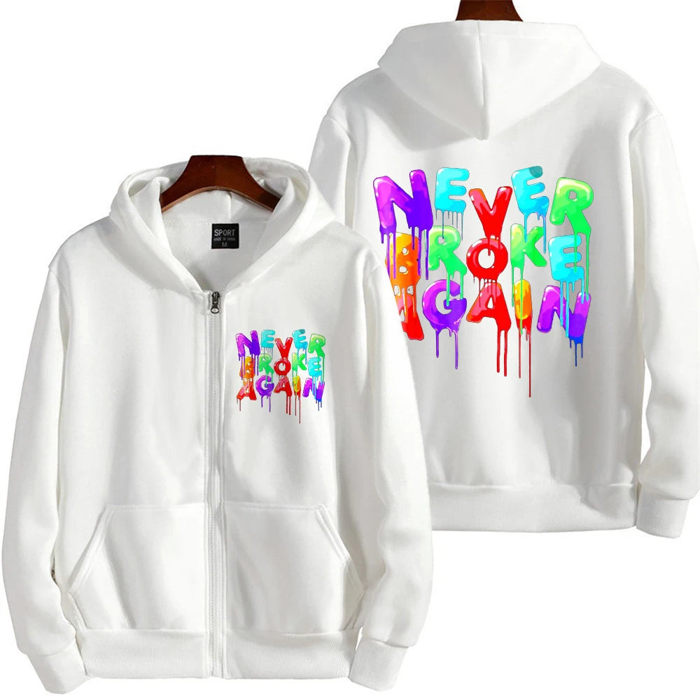 Stay fresh and bold in this men's multi-color hooded sweatshirt featuring the Never Broke Again design! -