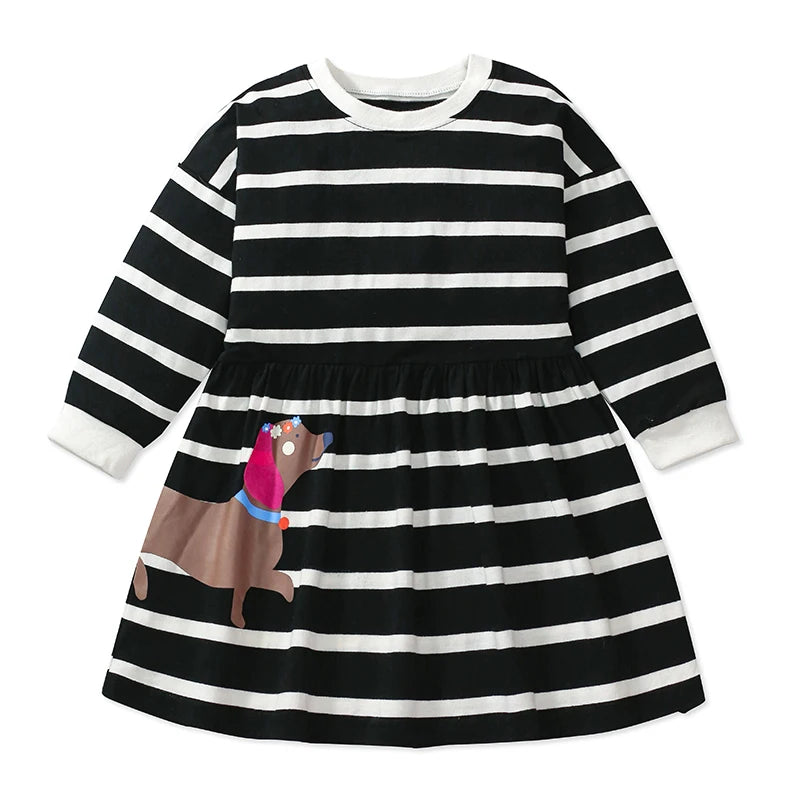 Kids Clothes Children's Clothing Baby Girls 2025 Autumn Spring Cotton Long Sleeves Striped Cartoon Dogs Dresses -