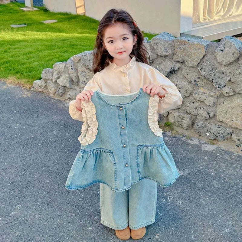 Children's Clothing Sets Girls Denim Vest + Long Sleeve Shirt + Wide Leg Pants Three-piece Suit Toddler Kids Boutique Clothes -