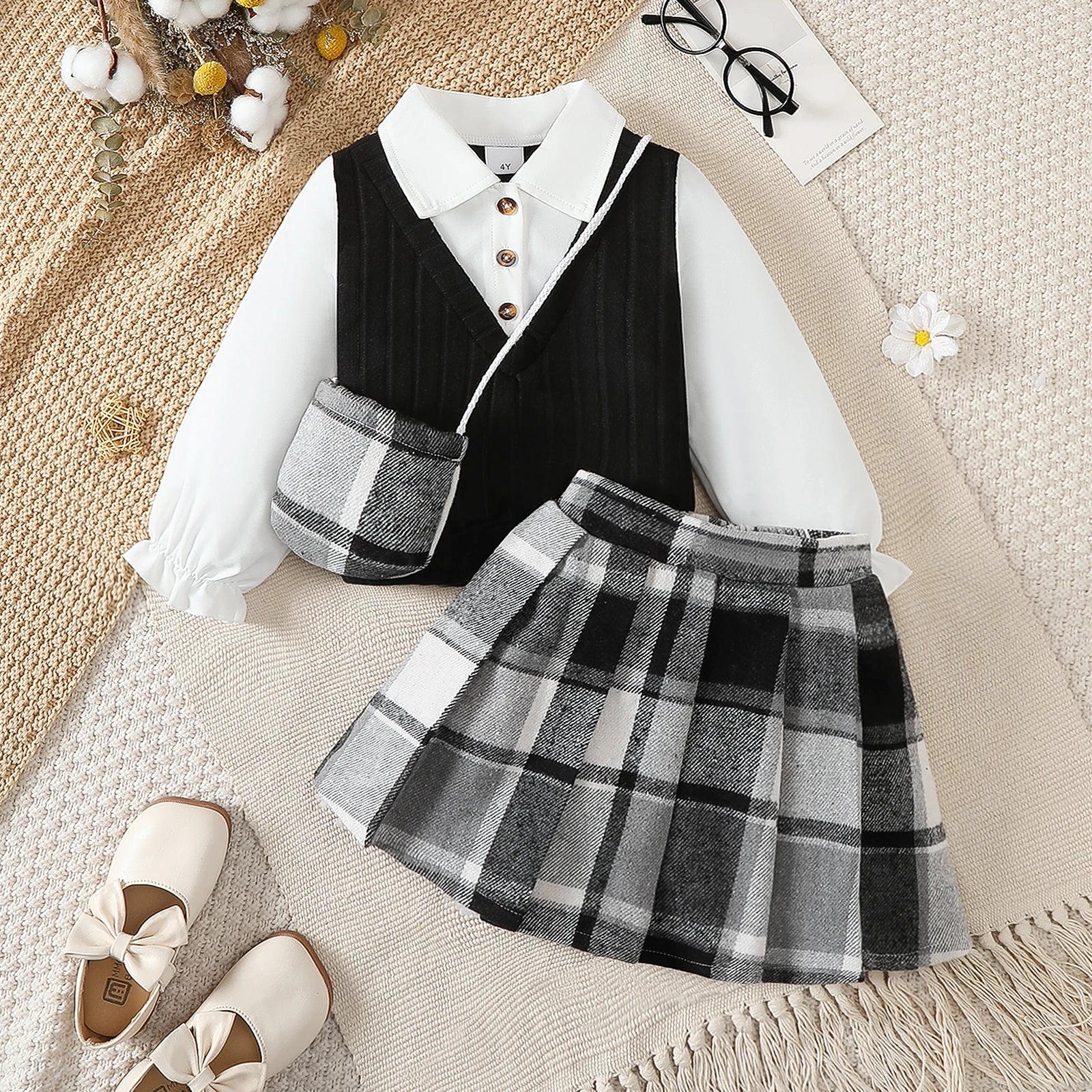 3Pcs Children Girl Set Splicing Fake Two piece Top+Checkered Skirt+Mini Bag Set Suitable Girls 4-7 Year Autumn College Style Set -