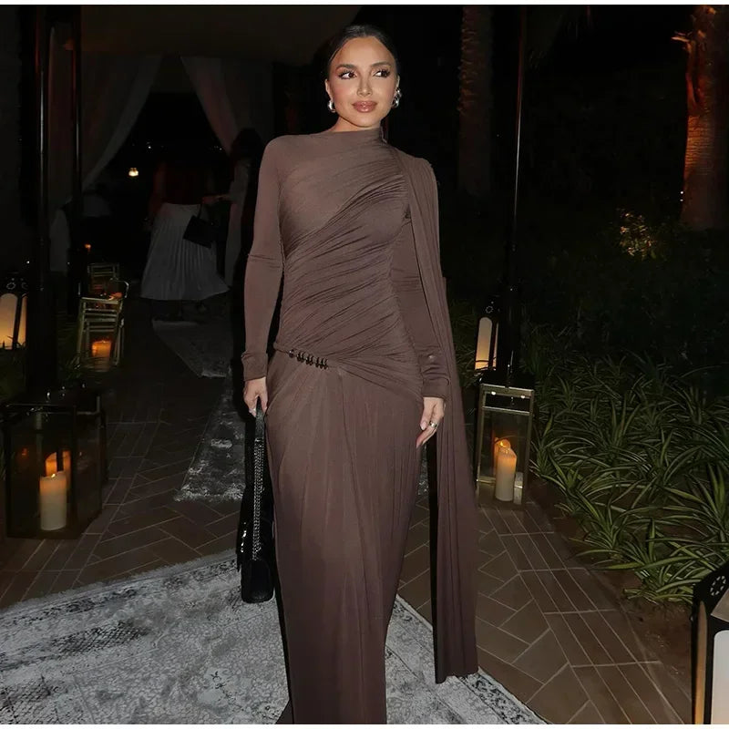 Elegant Women Pleated Irregular Patchwork Maxi Dress Chic Long Sleeve High Neack Dresses 2025 Summer Turtleneck Party Prom Gowns -