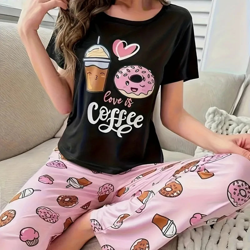 Stylish Simple Women's Summer Breathable Comfort Pajamas Women's Digital Alphabet Butterfly Print Short Sleeve Set Sleepwear -